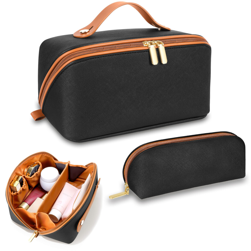 Makeup Bag Set Large Capacity Waterproof Vegan Leather Travel Cosmetic Organizer with Brush Holder