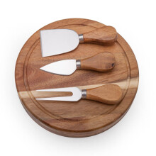 Round Acacia Wood Cheese Board Set with SlideOut Utensil Storage and 3 Cheese Tools, 7.5 Inch
