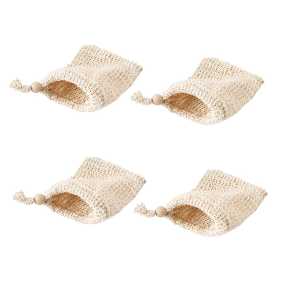 4pcs Natural Cotton Linen Soap Saver Bags with Drawstring, Exfoliating Foaming Pouch for Shower
