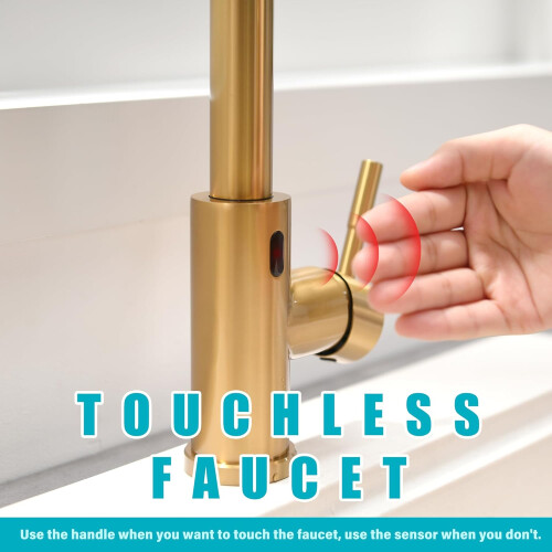 Gold Touchless Kitchen Faucet with Pull Down Sprayer, Brushed Brass Motion Sensor Hands Sink Tap Ref: 9519 1