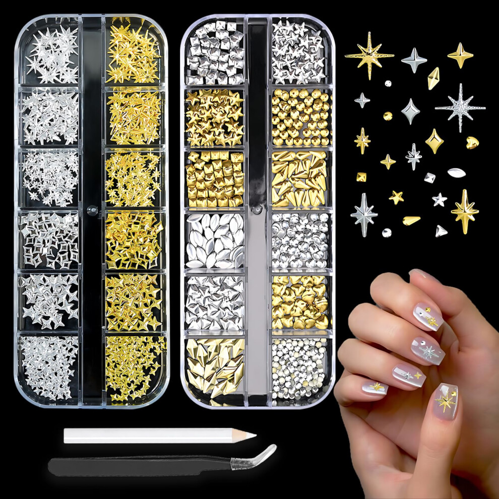 Gold and Silver Star Nail Charms and Gems Set for DIY Nail Art with Tweezers and Drill Pen