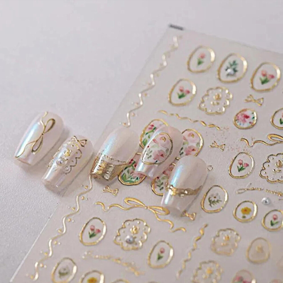 Gold/Yellow 2 Pack 5D Embossed Tulip Nail Art Stickers With Hollow Flower And Geometric Self Adhesive Designs