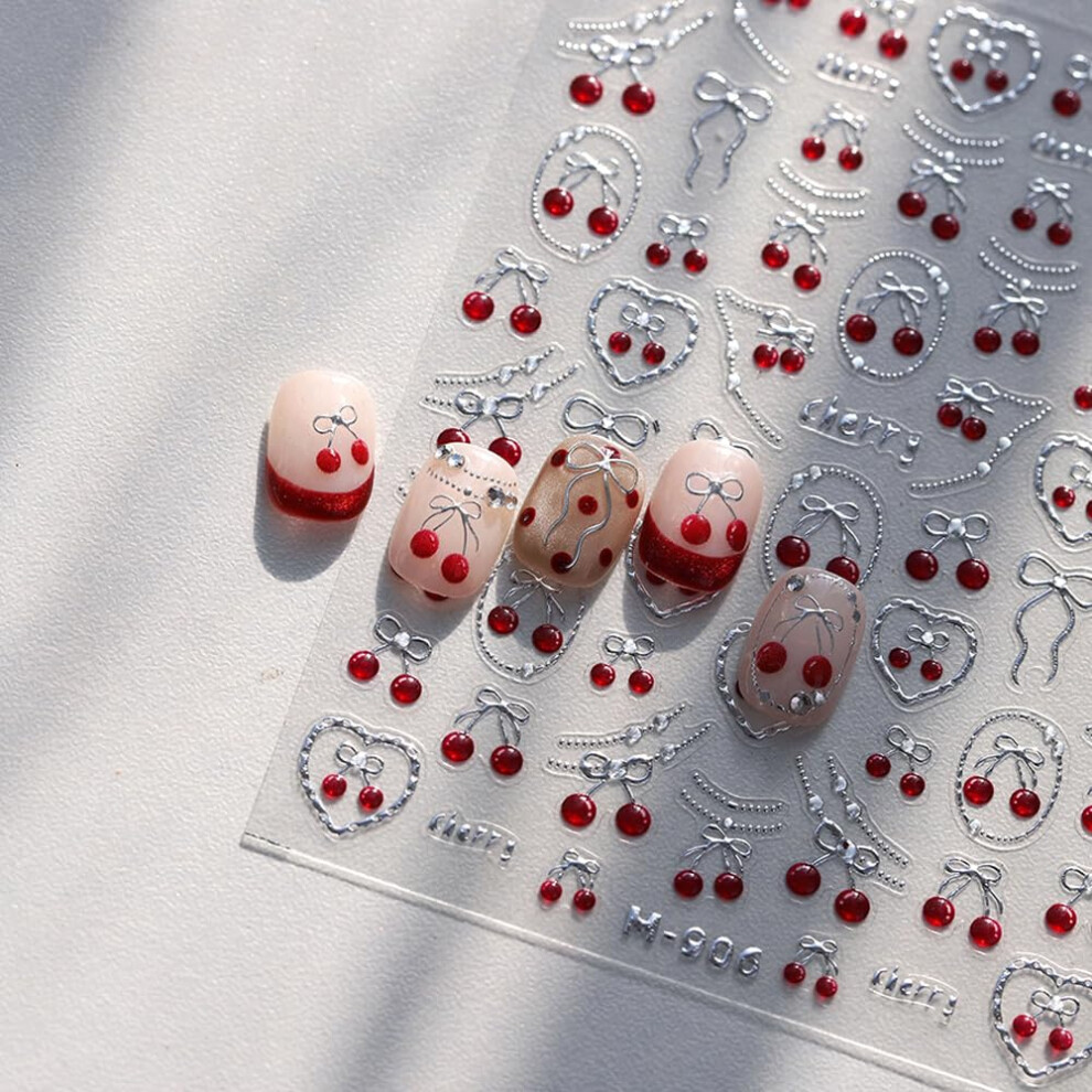 Silver 5D Cherry Nail Art Stickers Selfadhesive Embossed Fruit Design For Summer Manicure