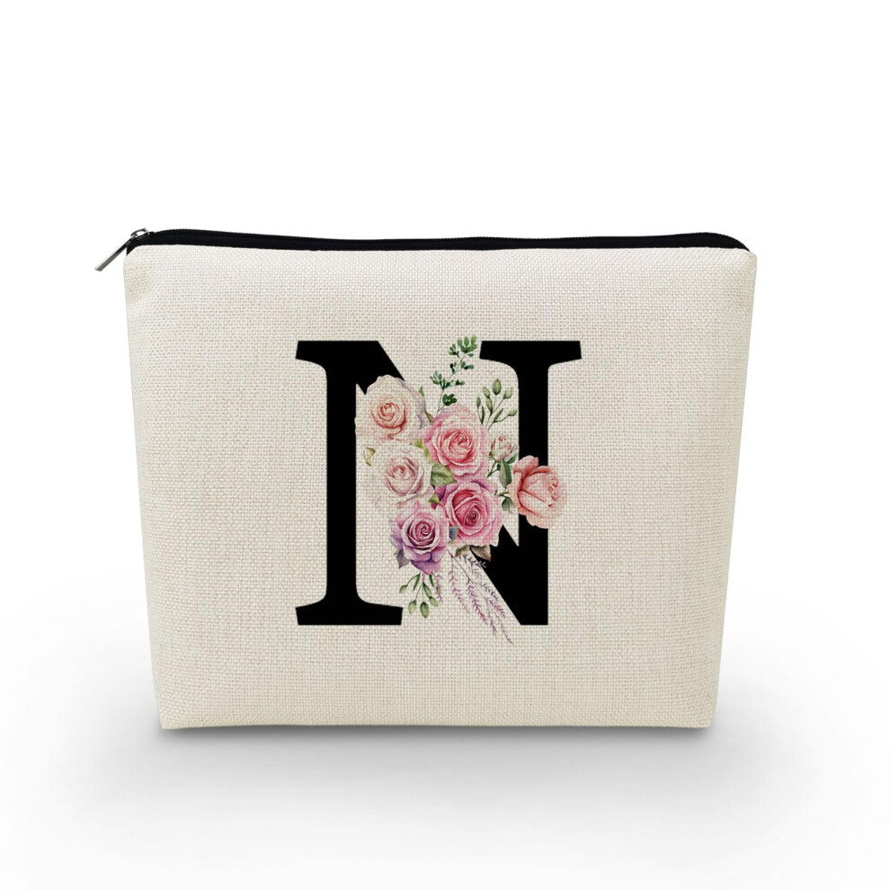 Pink Makeup Bag With Initial And Rose, Monogram Cosmetic Travel Pouch For Women Bridesmaids
