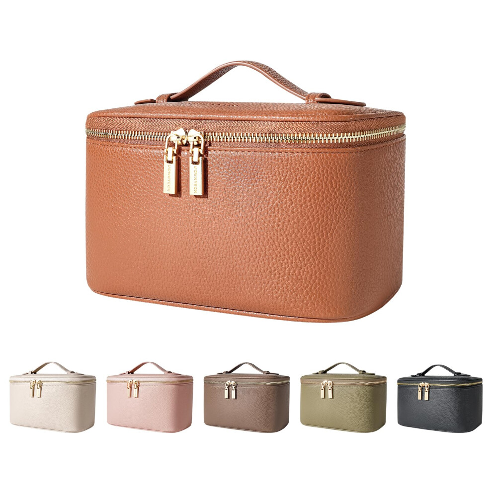 Makeup Bag Large Capacity Waterproof PU Leather Travel Makeup Case with Brush Pockets Brown