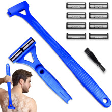 Back Shaver for Men with Foldable Long Handle, Wet Dry Body Hair Trimmer with 8 Replaceable Blades (Blue)