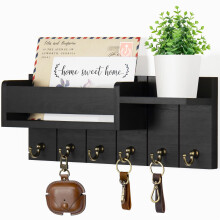 Key Holder Wall Mount with 6 Hooks and Mail Slot Organizer, Rustic Wooden Shelf for Entryway Decor, Black M 12x4.8