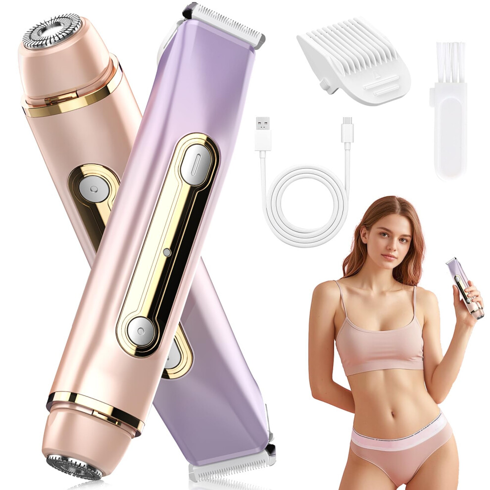 Bikini Trimmer for Women 2 in 1 Dual Head Waterproof Shaver Painless USB Rechargeable Purple