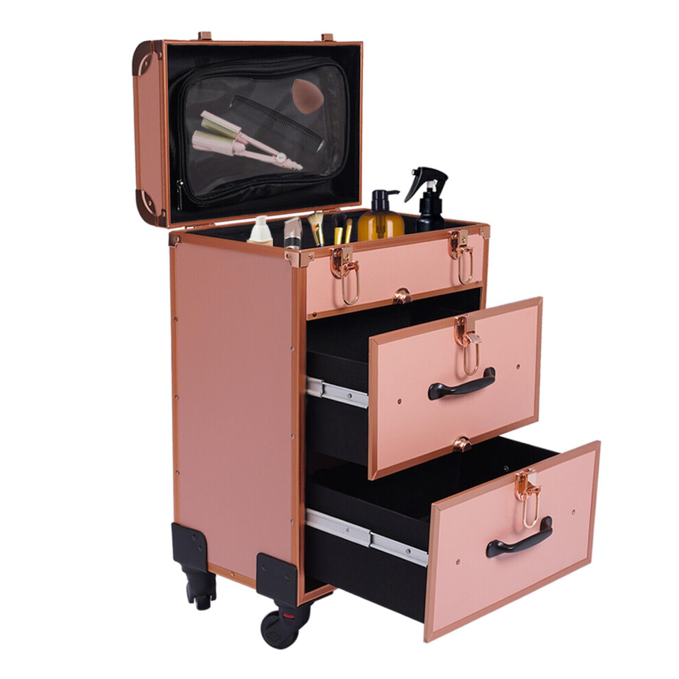 Gold Rolling Makeup Case With Wheels, 3Layer Lockable Large Capacity Trolley For Salon And Travel Â Rose
