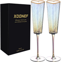 Heart Shaped Champagne Flutes Set of 2 Crystal Wedding Toasting Glasses with Gold Rim Colorful