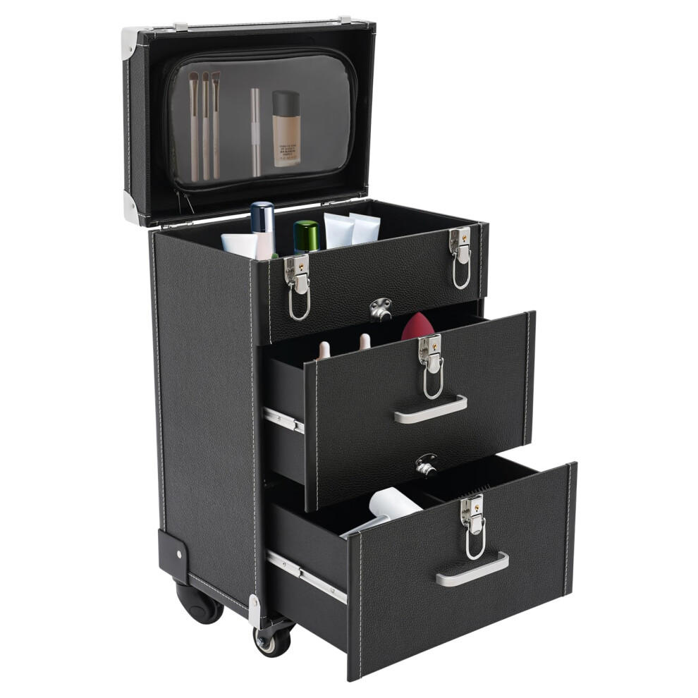 Black Rolling Makeup Train Case Large Capacity Lockable Cosmetic Organizer With Drawers For Jewelry And Nail Polish