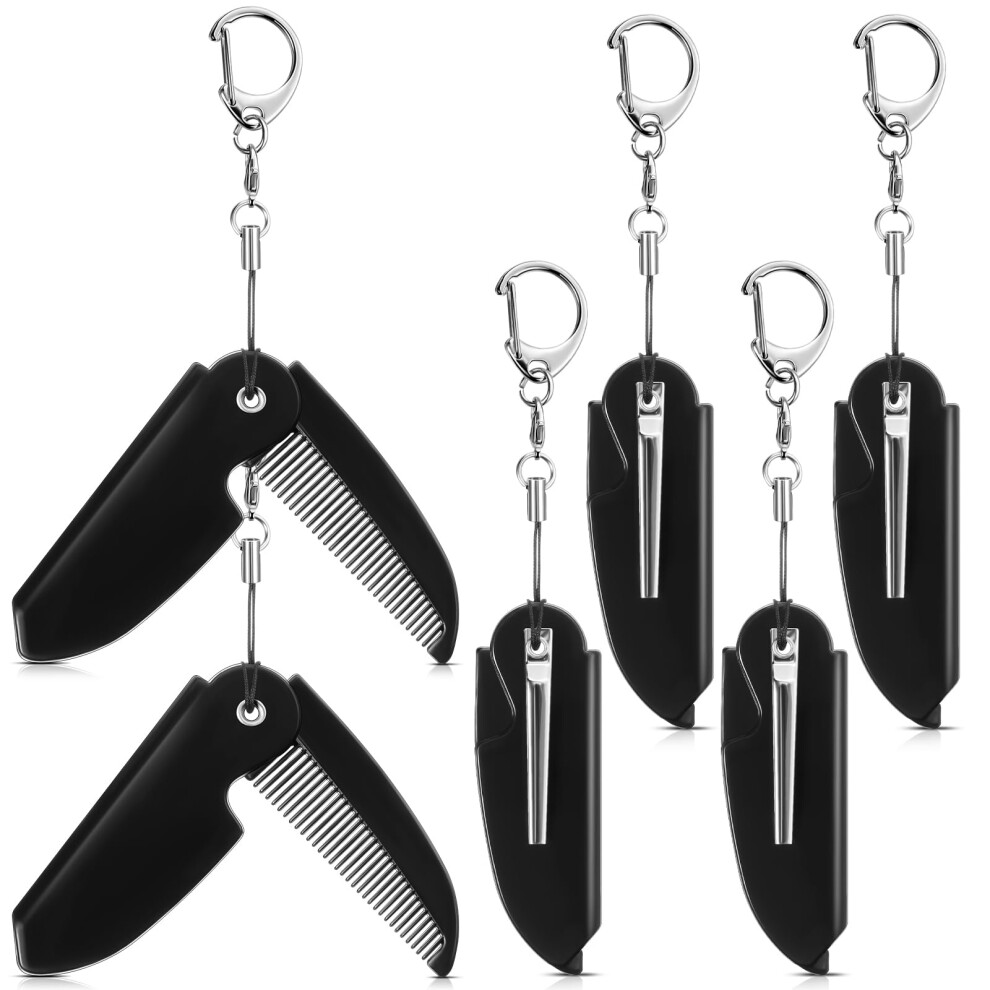 Unisex Black Beard Comb Set With Keychain Holder, Foldable Mustache Grooming Combs For Travel, 6 Pcs