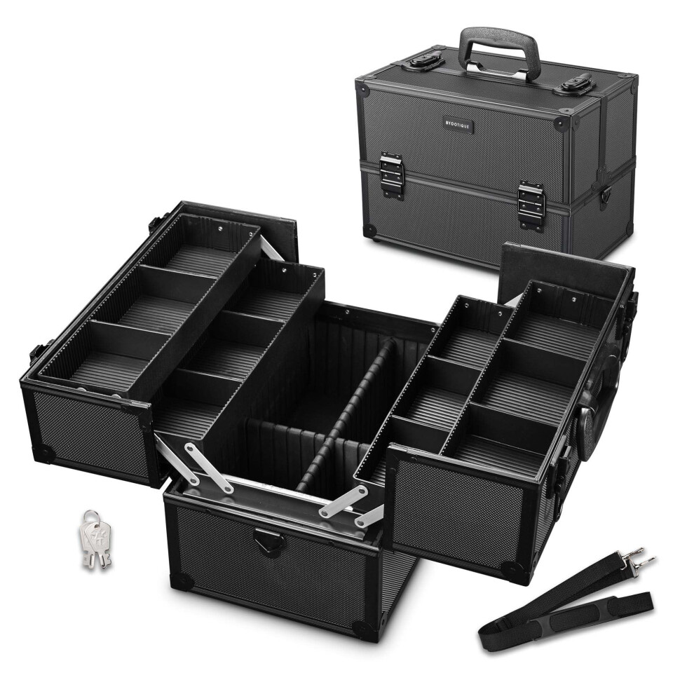 14 inch Makeup Train Case with Lock, Professional Cosmetic Organizer Box, Adjustable Trays, Black