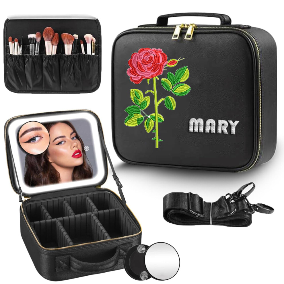 Light/Black Travel Makeup Bag With Led Mirror, Custom Name And Birth Flower, Adjustable