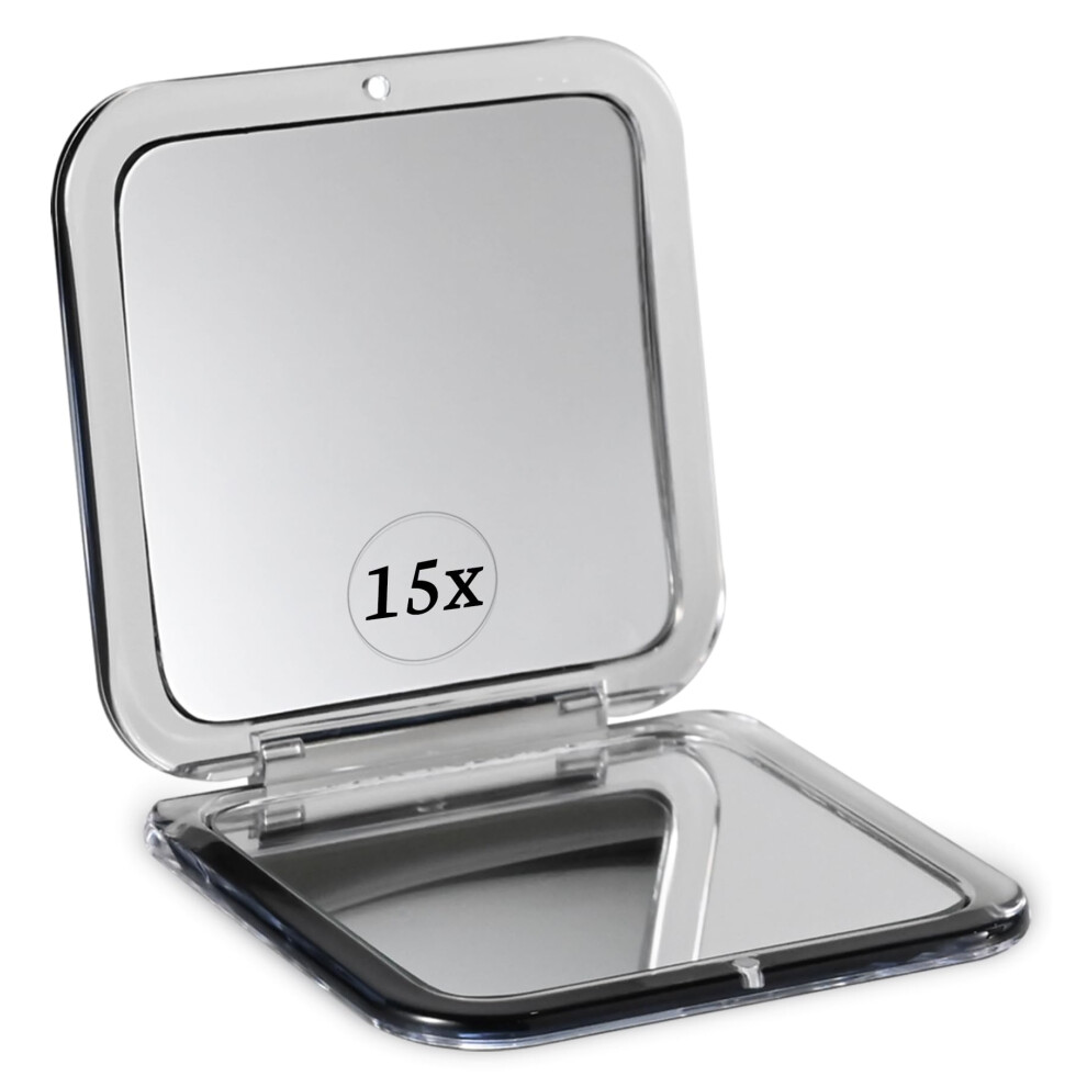 Black 15X Ultra Magnification Compact Handheld Travel Mirror, Foldable Pocket Makeup Mirror, 3.3'