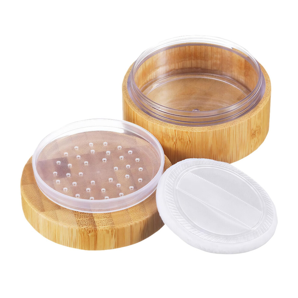 Loose Powder Container Bamboo Refillable Case with Sifter and Soft Puff for Face and Baby Travel
