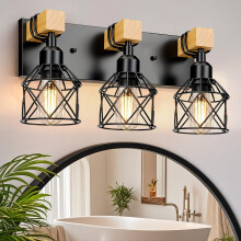 Bathroom Vanity Light, Rustic Farmhouse 3Light Black Metal and Wood Fixture for Mirror