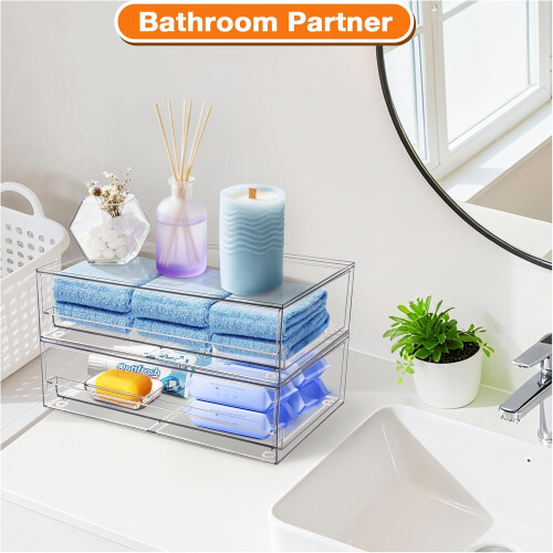 Clear Stackable Plastic Storage Drawers 2 Pack for Makeup Vanity Bathroom and Office Supplies 2