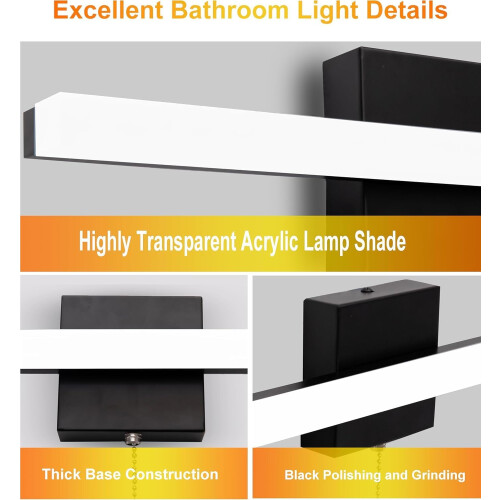 16 Inch Black LED Vanity Light with Pull Switch, Modern Bathroom Light Bar, Energy Saving Design 2