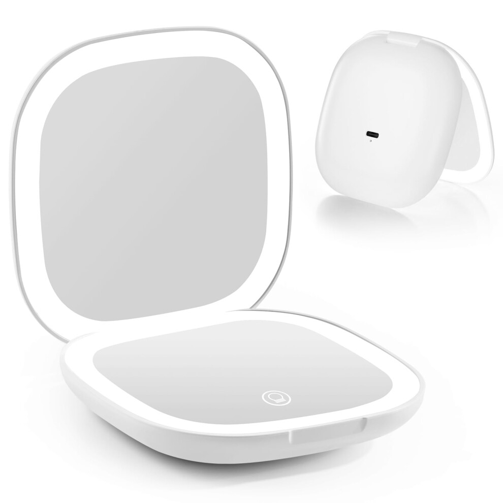 White Led Compact Makeup Mirror With 1X/10X Magnification, Usb Rechargeable, Threecolor Lighting,