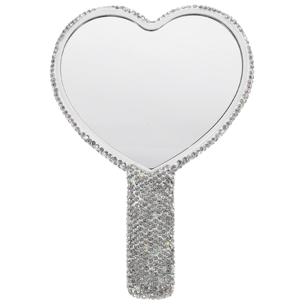 HeartShaped Handheld Makeup Mirror with Rhinestone Handle Clear HD Reflection Portable Travel Size