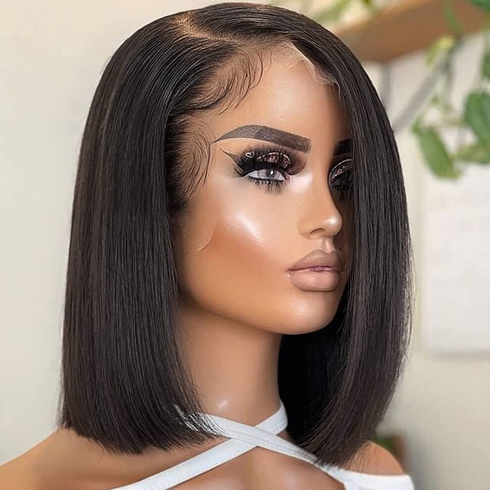 Unisex Hd Lace Human Hair Bob Wig 13X6 Frontal 14 Inch Straight Preplucked Bleached Knots