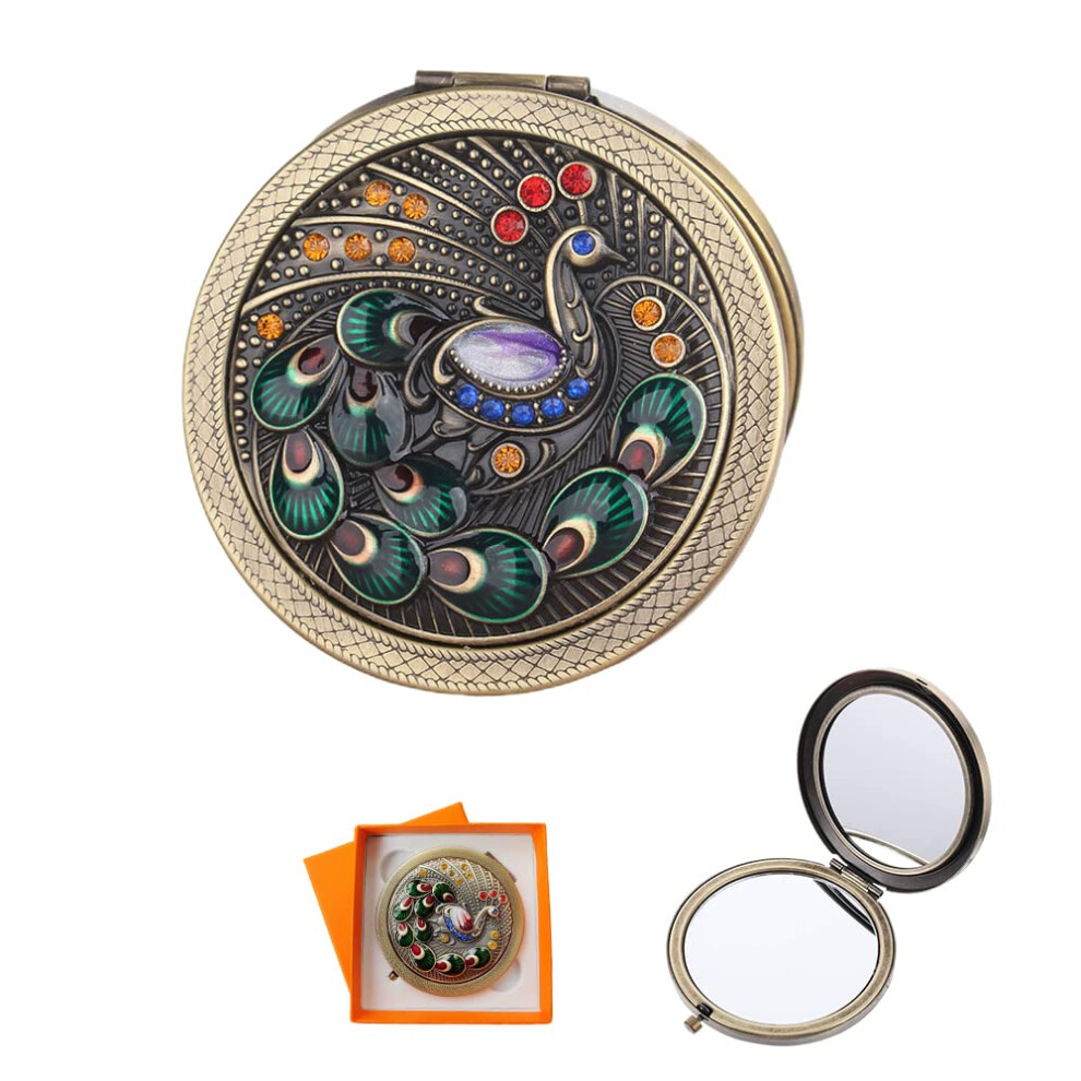 Vintage Compact Mirror with Dual Magnification, Elegant Peacock Design, Folding Travel Makeup Mirror for Purse