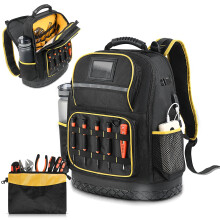 Heavy Duty Tool Backpack with Laptop Sleeve, Waterproof Hard Bottom, USB Port, Electrician Organizer