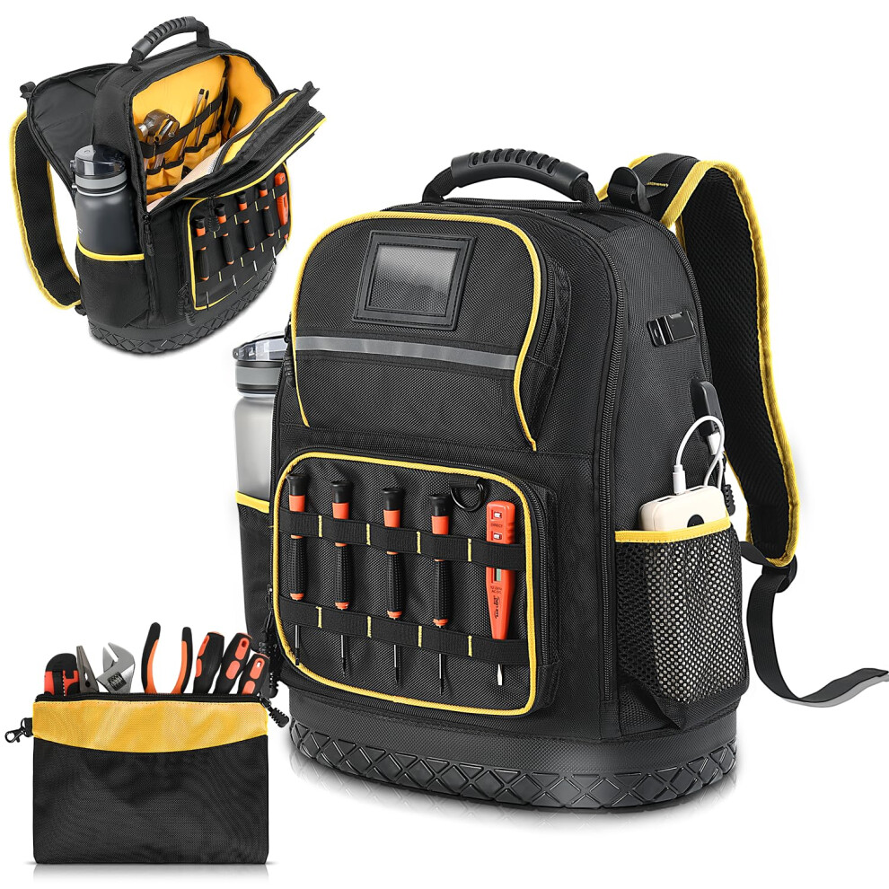 Heavy Duty Tool Backpack With Laptop Sleeve, Waterproof Hard Bottom, Usb Port, Electrician Organizer 9174973519416