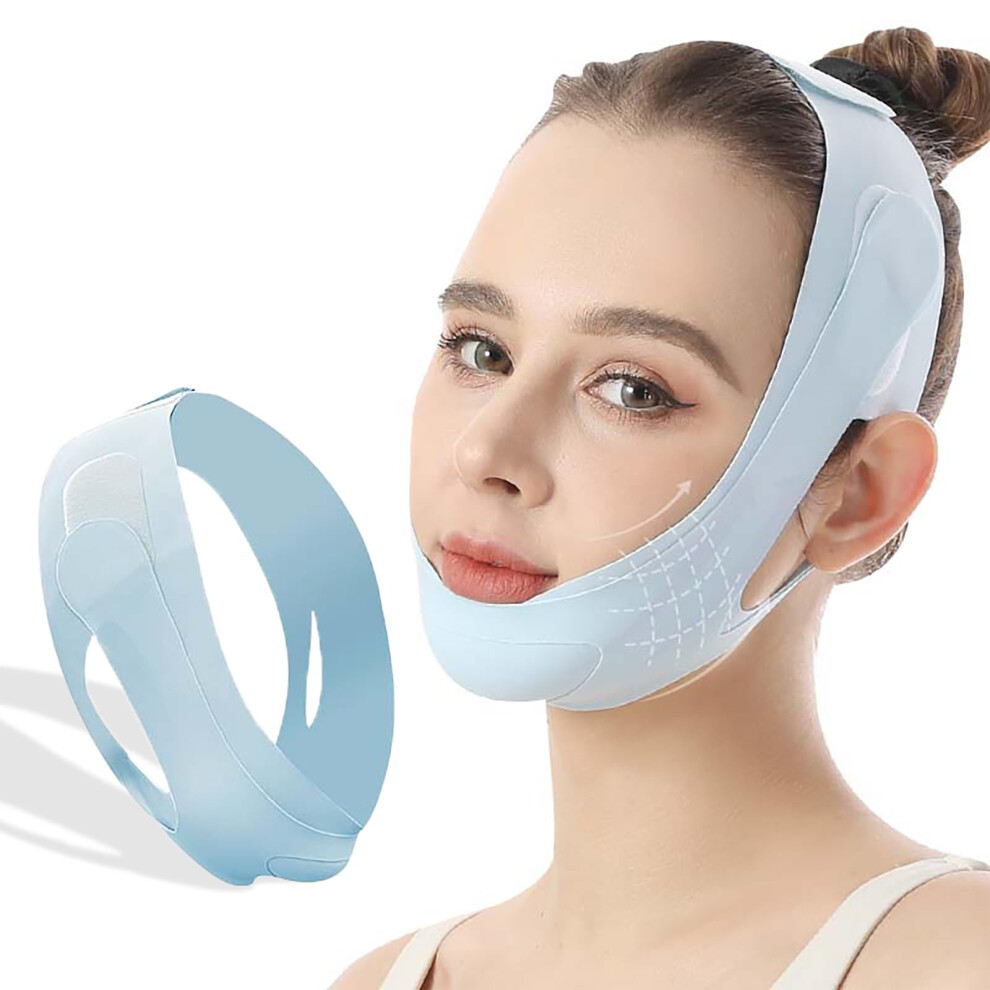 Blue Reusable V Line Face Lift Mask With Adjustable Double Chin Slimming Band For Jawline Contour,