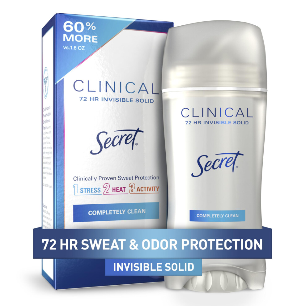Secret Women's Clinical Strength Deodorant And Antiperspirant For Invisible Solid, Completely Clean, 2.6 Oz.