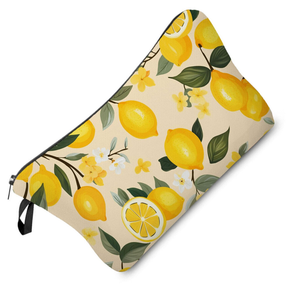 Yellow Small Lemon Makeup Bag With Vibrant Doublesided Print, Cute Cosmetic Pouch For Women
