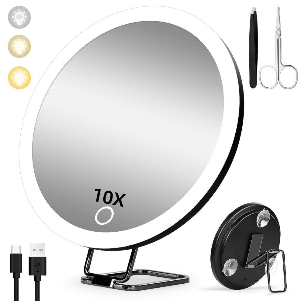 Light/Black Rechargeable 6 Inch 10X Ed Makeup Mirror With Suction Cup Stand, 3 Modes,