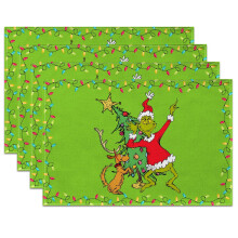 Christmas Linen Placemats Set of 4 Green Holiday Table Mats for Dining Table Festive Kitchen Decor