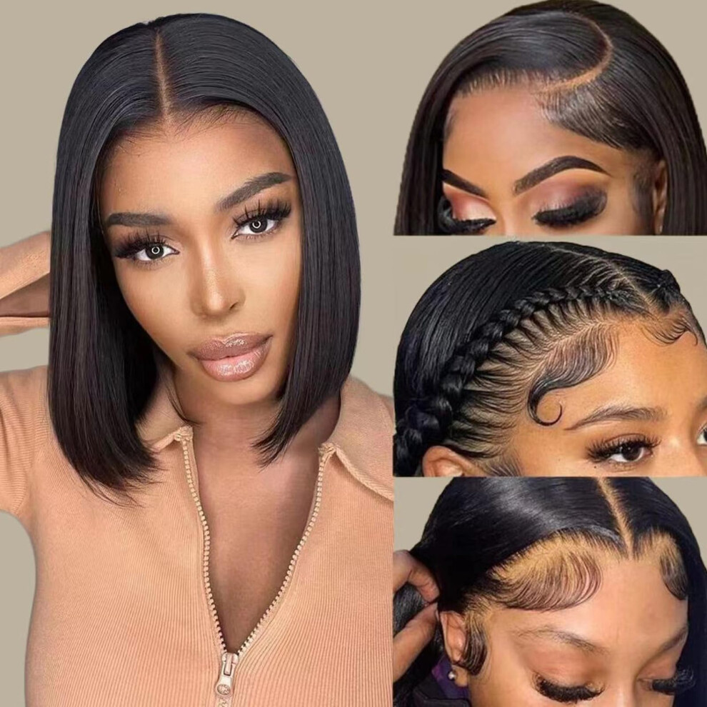 Unisex 14 Inch Bob Human Hair Lace Front Wig 13X4 Hd Transparent Lace, Pre Plucked, Glueless, 180% Density