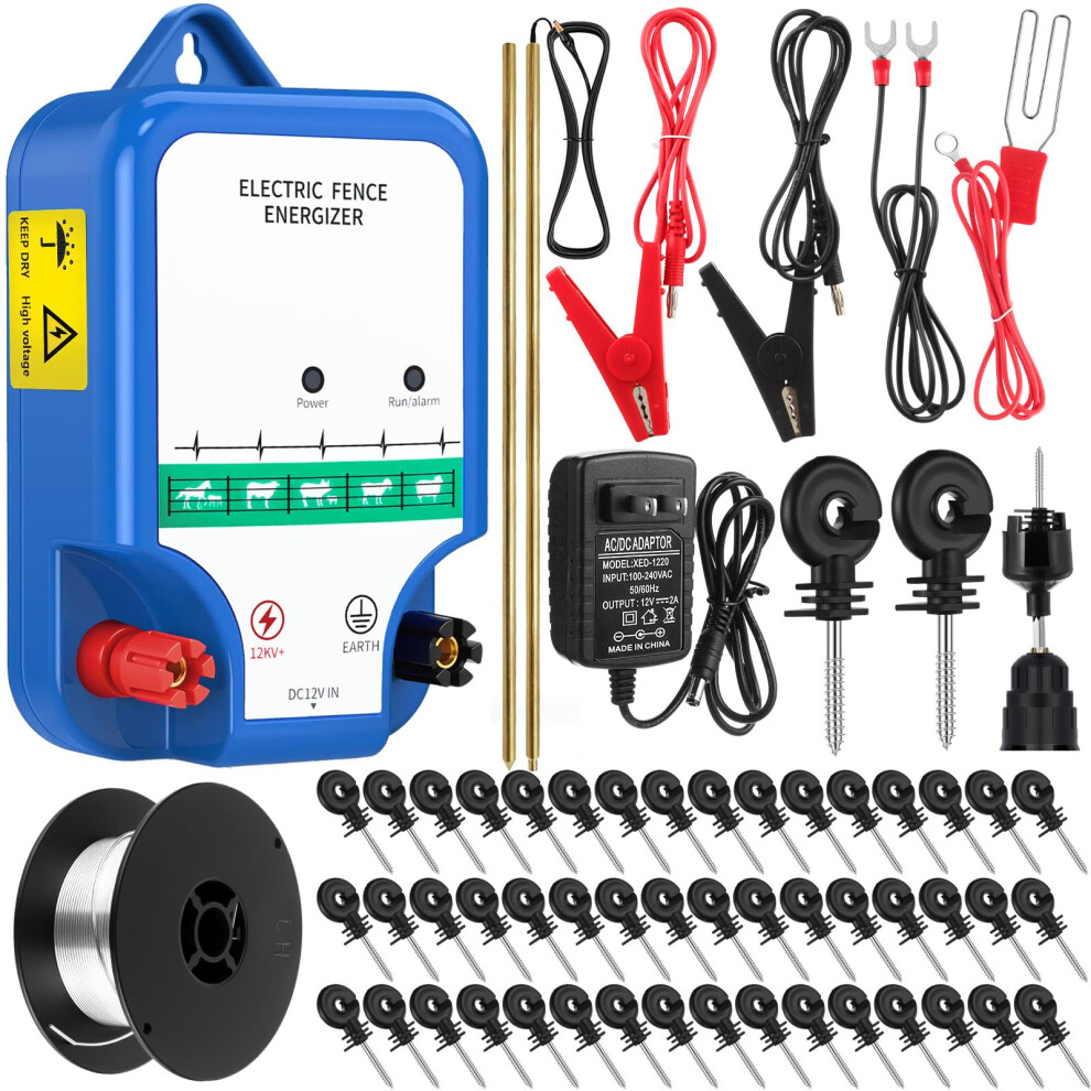 12Kv Electric Fence Charger Kit For Livestock Farm, 8 Mile Range With Wire, Insulators And Tool 9070919968877