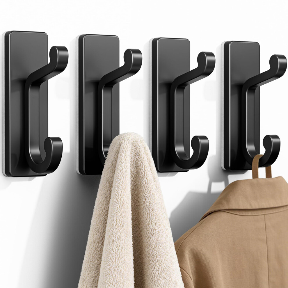 Self Adhesive Wall Hooks Black 4 Pack, Strong Nodrill Double Hook Hangers 13Lbs Waterproof For Bathroom And Kitchen 9174973520832