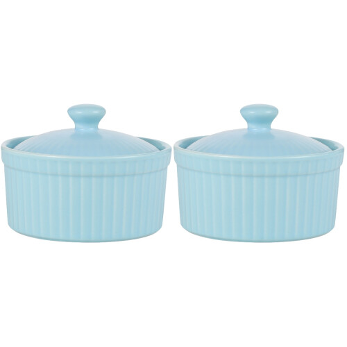 2Pcs Blue Ceramic Baking and Dessert Bowls Soufflé Container with Lid 1