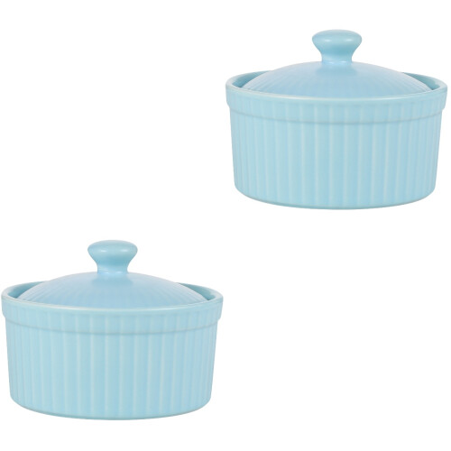2Pcs Blue Ceramic Baking and Dessert Bowls Soufflé Container with Lid 2