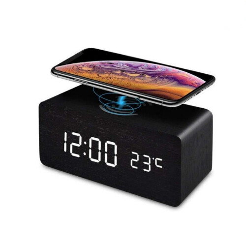 Digitaler LED Wecker mit kabellosem Laden - schwarz