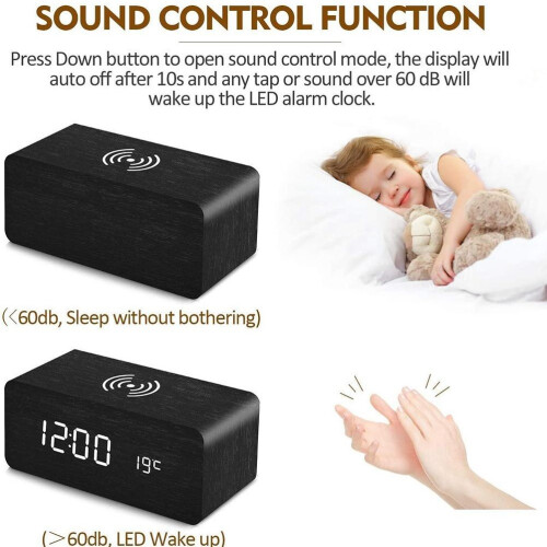 Digitaler LED Wecker mit kabellosem Laden - schwarz 2