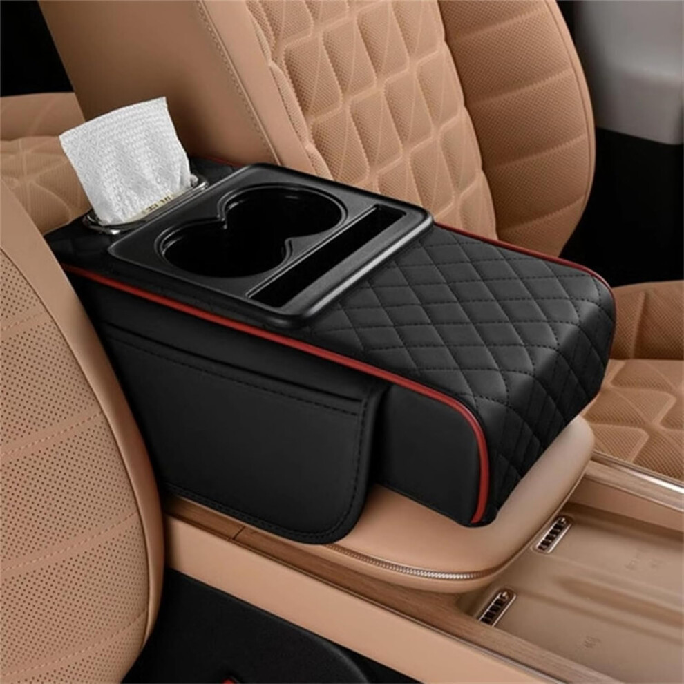 Car Armrest Organizer With Dual Cup Holders, Side Pockets, Phone And Tissue Holder, And Black/Red 9455672884778