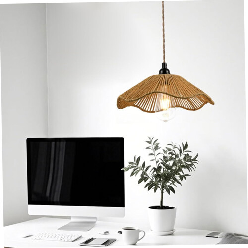 Boho Flower Shape Rattan Pendant Light Shade Rustic Woven Ceiling Fixture for Bedroom Kitchen 2