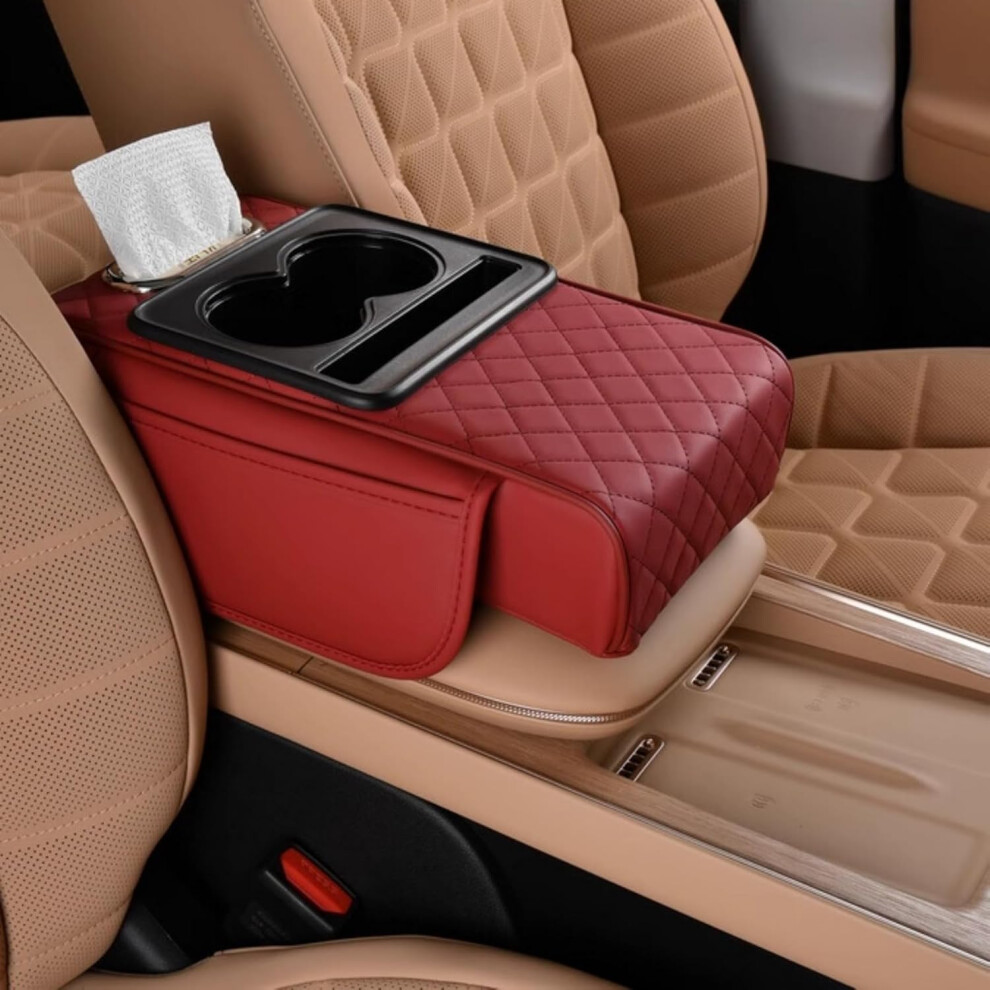 Pu Leather Car Armrest Organizer With Memory Foam, 5In1 Console Cushion With Cup And Tissue Holder 9455672885300
