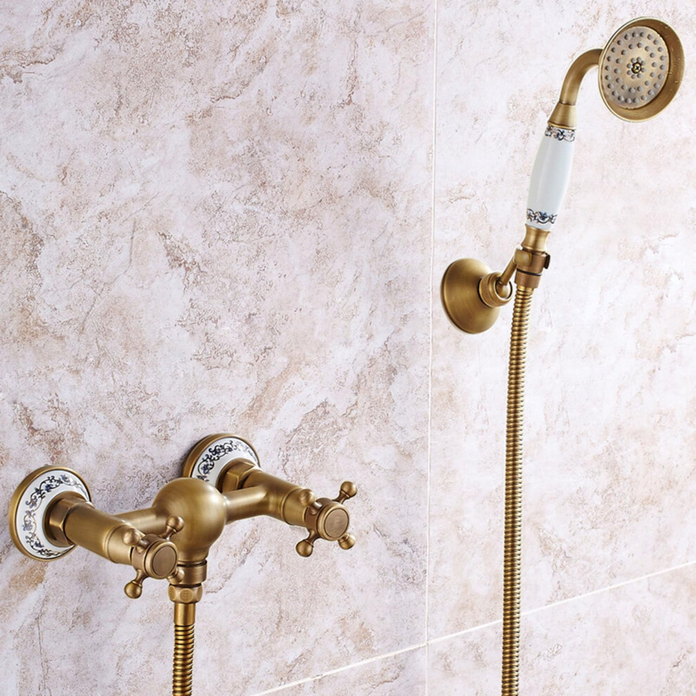 Antique Brass Wall Mounted Bath Mixer Tap With Handheld Shower, Dual Handle, 150Cm Hose 9044945420425