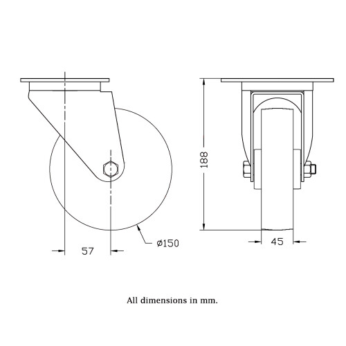 Parnells 150mm swivel castor with grey cast iron wheel 1