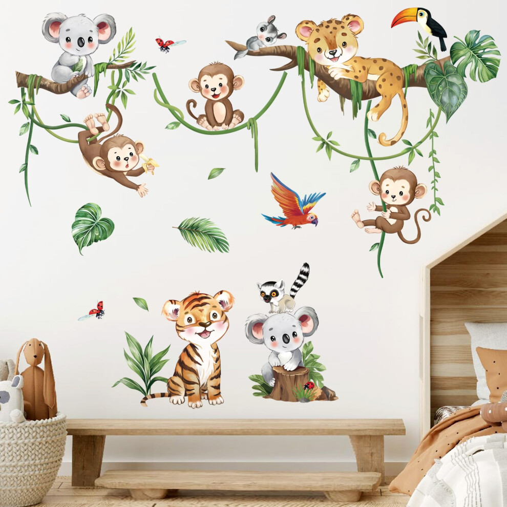 Jungle Animal Tree Branch Wall Decals Safari Animal Monkey Koala Wall Stickers Baby Nursery Kids Bedroom Living Room Wall Decor Decalmile