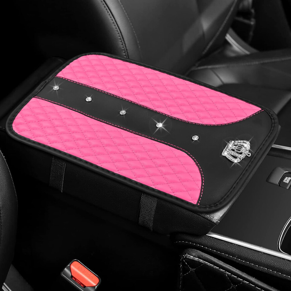 Car Center Console Cover With Bling Rhinestone, Pu Leather Armrest Cushion, Universal Fit Pink 9455672887670