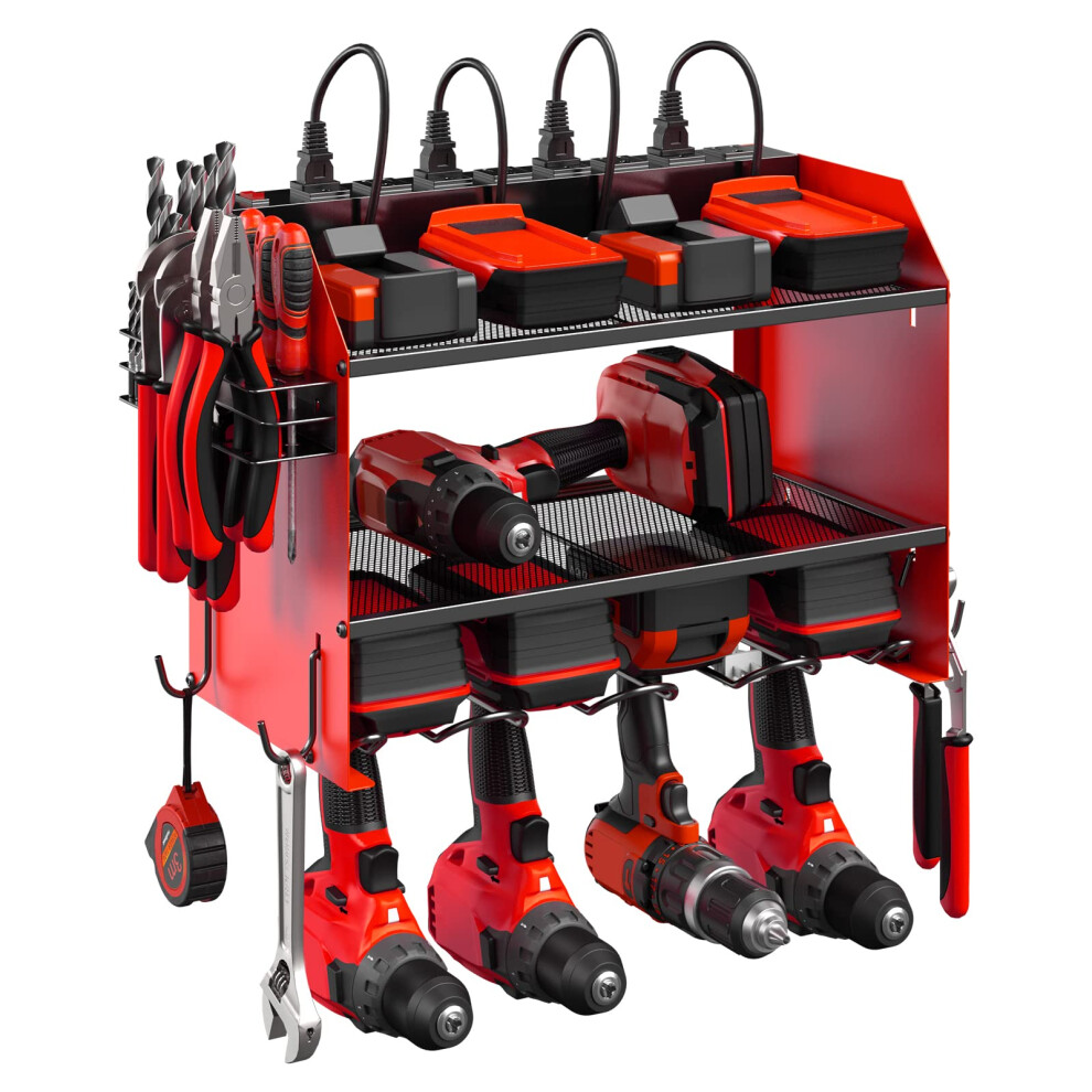 Power Tool Organizer Wall Mount With Charging Station, Heavy Duty Garage Rack With Hooks, Red 2 Pack 9070919972119