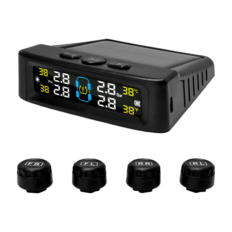 Tire Pressure Monitoring System Wireless Tpms Solar And Usb Charging 4 Sensors Realtime Lcd Display 9455672888776